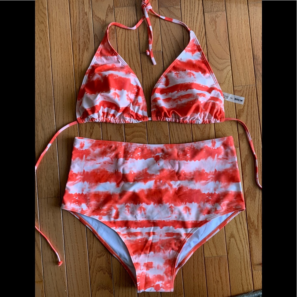 SHEIN orange tie dye high waisted bikini set